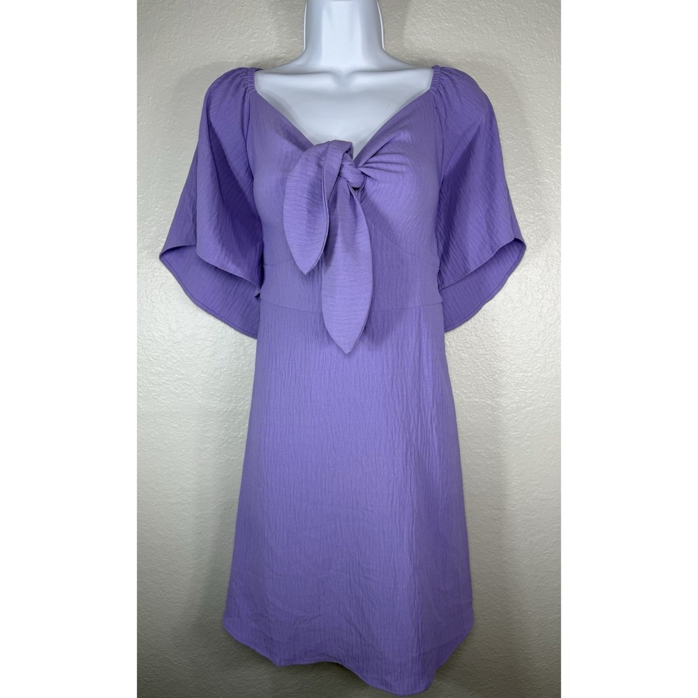 Women's Lavender Tie-Front Smocked Short Dress With Flutter Sleeves Size M
